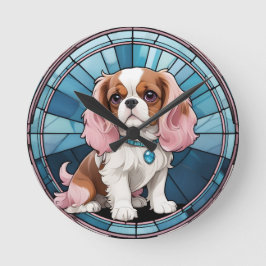 Reloj Redondo Mediano Cute Cavalier Rey Charles Pastel Vidrio Manchado