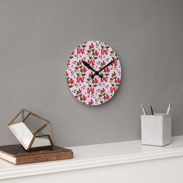 Reloj Redondo Mediano Cute Cherry Bow floral Pattern  (Oficina)