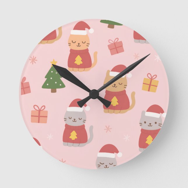 Reloj Redondo Mediano Cute Christmas Cats Pattern – Pink Holiday Design (Anverso)