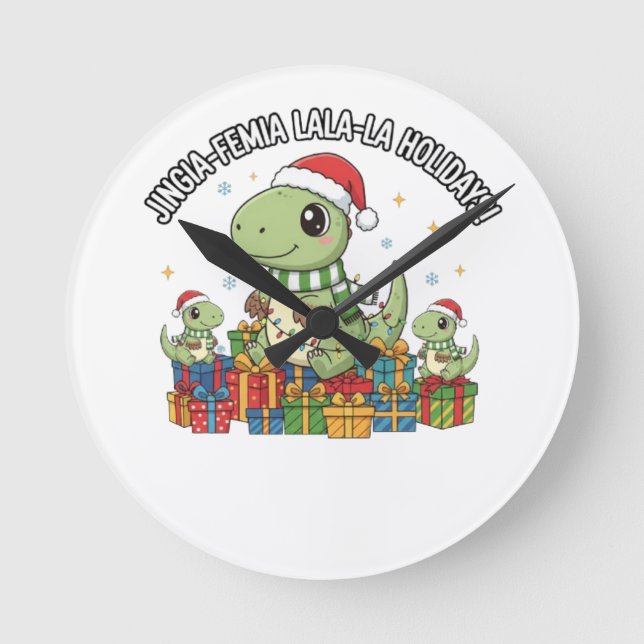 Reloj Redondo Mediano Cute Christmas Dino Family – Festive Holiday Gifts (Anverso)