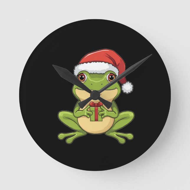 Reloj Redondo Mediano Cute Christmas Frog with Santa Hat Holding  Gift - (Anverso)
