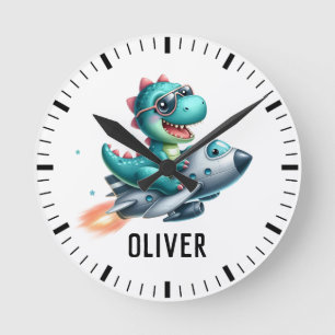 Reloj Redondo Mediano Cute Dino Trex Piloto Volando Avión a Reacción