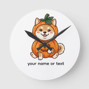 Reloj Redondo Mediano Cute Disfraz de Calabaza para Shiba Inu Halloween