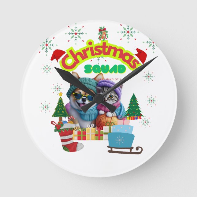 Reloj Redondo Mediano Cute dog and cat Christmas squad design  (Anverso)
