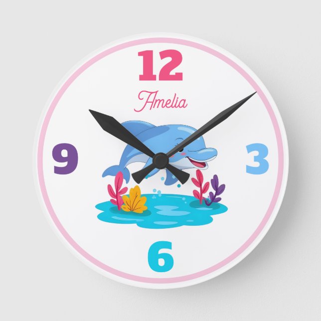 Reloj Redondo Mediano Cute Dolphin Sea Animal Girl Name (Anverso)