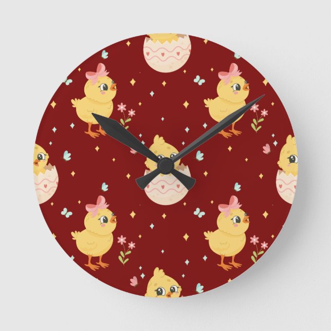 Reloj Redondo Mediano Cute Easter Chick with Pink Bow Seamless Pattern  (Anverso)