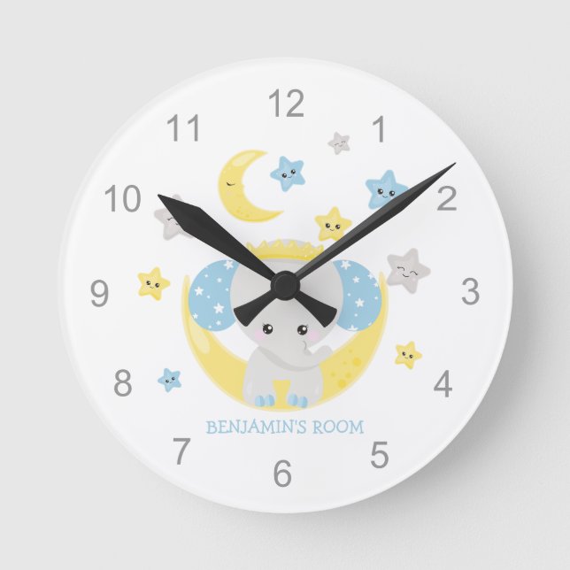 Reloj Redondo Mediano Cute Elephant Stars Name Baby Boy Nursery (Anverso)