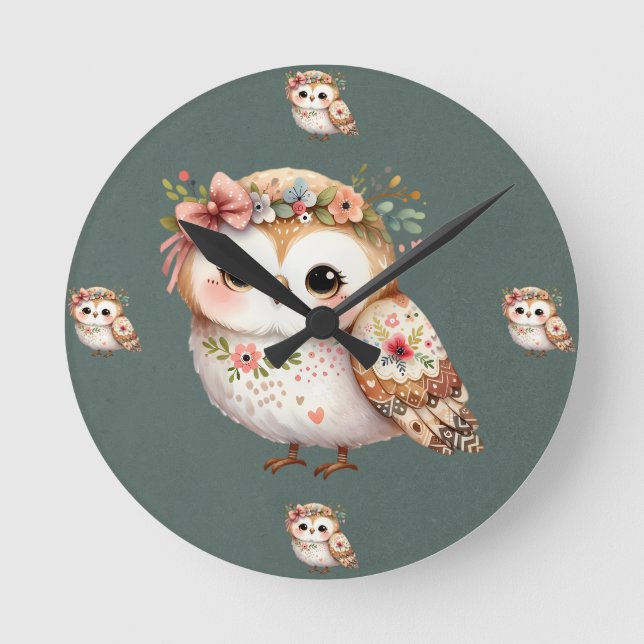 Reloj Redondo Mediano Cute Floral Owl with Bow (Anverso)