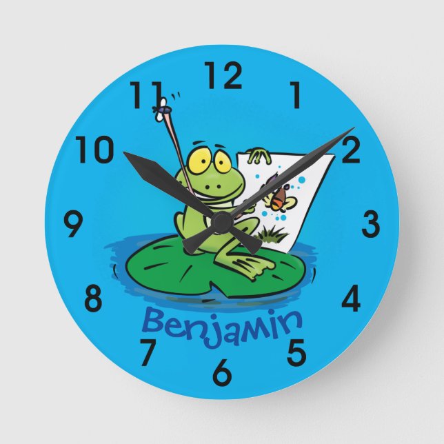 Reloj Redondo Mediano Cute funny green frog cartoon illustration round c (Anverso)