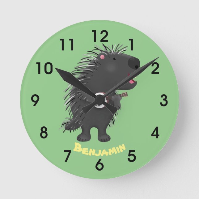 Reloj Redondo Mediano Cute funny porcupine playing banjo cartoon (Anverso)