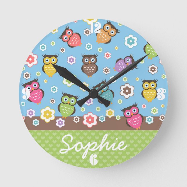 Reloj Redondo Mediano Cute funny trendy owls and flowers pattern (Anverso)