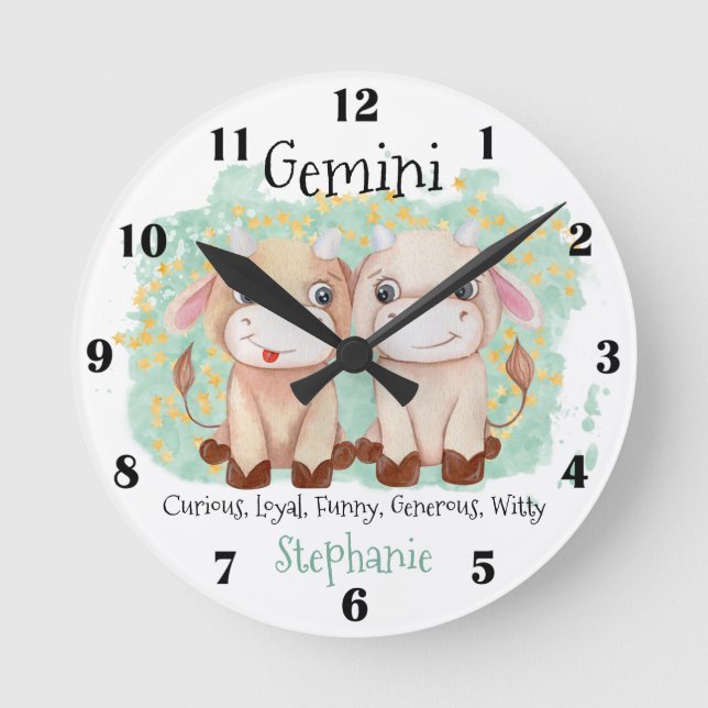 Reloj Redondo Mediano Cute Gemini Twins acuarela Bull Zodiac Monograma (Anverso)