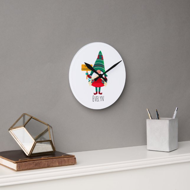 Reloj Redondo Mediano Cute Gnome Holding Placard con saludos (Oficina)