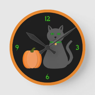 Reloj Redondo Mediano Cute Halloween Cat and Pumpkin