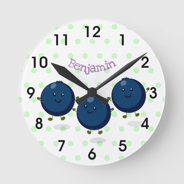Reloj Redondo Mediano Cute happy blueberries purple cartoon illustration (Anverso)