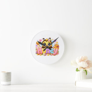 Reloj Redondo Mediano Cute Kawaii Abeja Miel Nombre Pastel Rosa Brillant