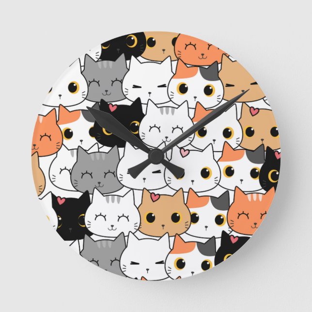 Reloj Redondo Mediano Cute Kawaii Cat Faces Pattern  (Anverso)