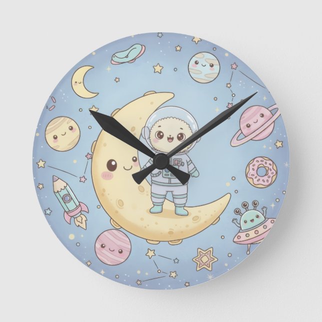 Reloj Redondo Mediano Cute Kawaii Space - Astronaut and Smiling Moon (Anverso)