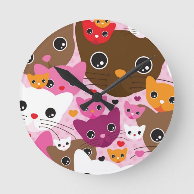 Reloj Redondo Mediano cute kitten cat background pattern (Anverso)