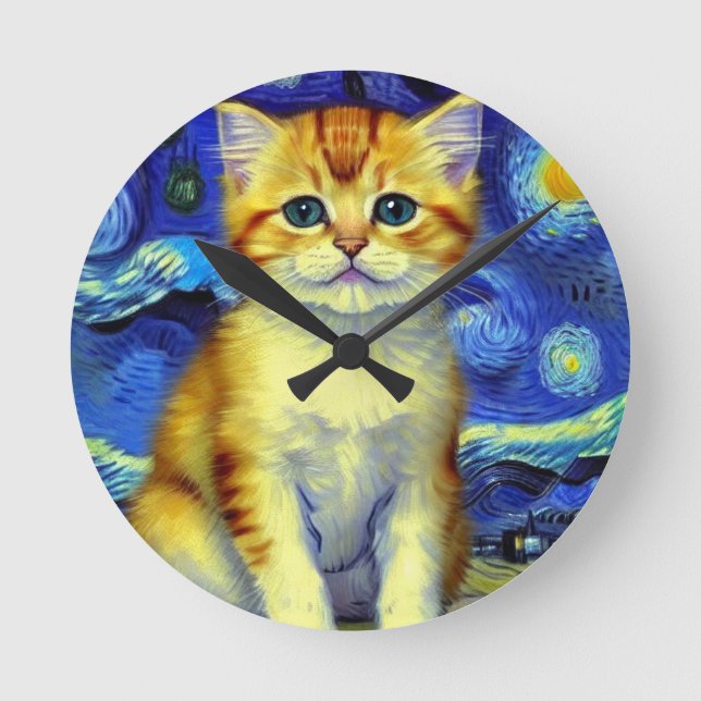 Reloj Redondo Mediano Cute Kitten Starry Night Van Gogh (Anverso)