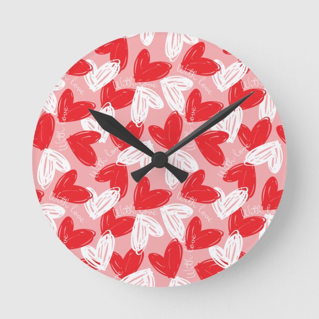 Reloj Redondo Mediano Cute Modern red and white hearts pattern (Anverso)