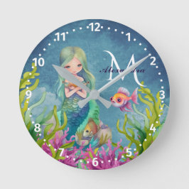 Reloj Redondo Mediano Cute Monograma Nombre acuarela Sirena