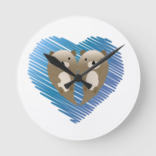 Reloj Redondo Mediano Cute Otters with Blue Heart in the Background