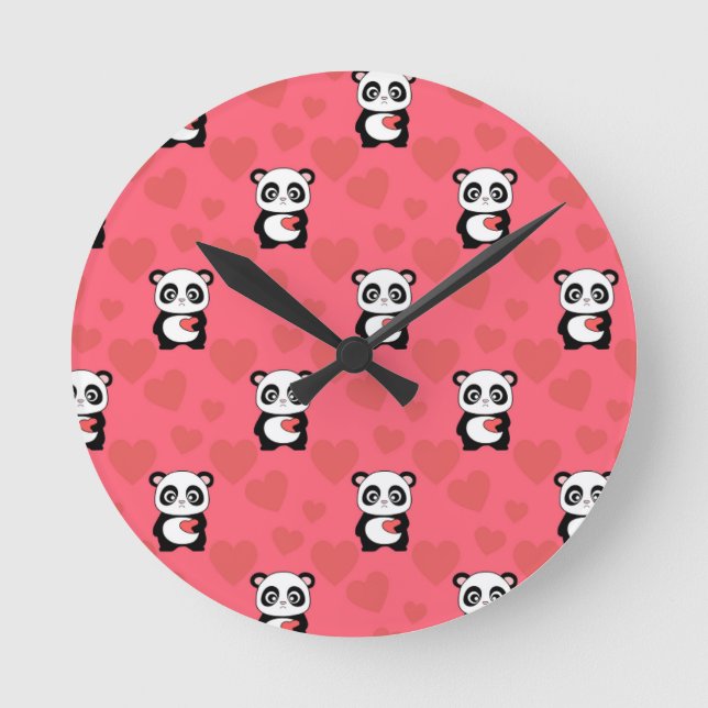 Reloj Redondo Mediano Cute Panda Holding Heart Pattern| Kawaii Valentine (Anverso)