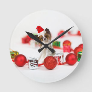 Reloj Redondo Mediano Cute Papillon Dog Navidades Santa Hat