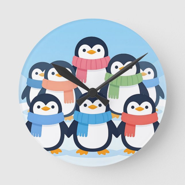Reloj Redondo Mediano Cute Penguins Winter Scarves Group Hug (Anverso)
