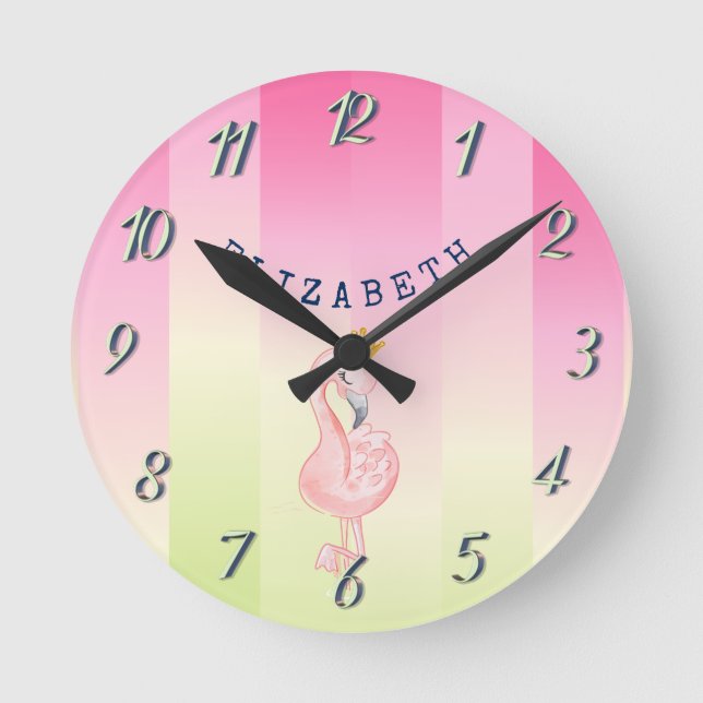 Reloj Redondo Mediano Cute Pink Flamingo Ombre Striped   (Anverso)