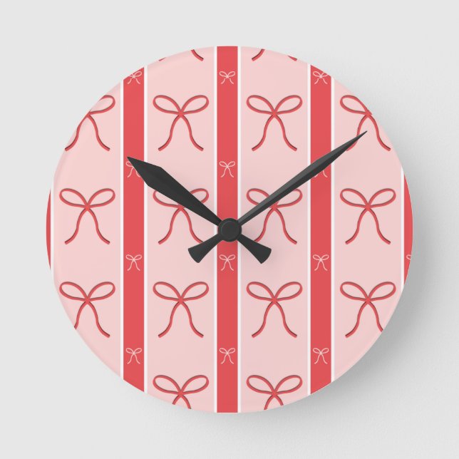 Reloj Redondo Mediano Cute Pink Ribbon Striped Pattern (Anverso)