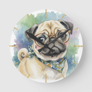 Reloj Redondo Mediano Cute Pug con gafas en acuarela