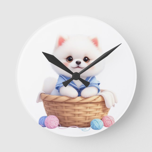 Reloj Redondo Mediano Cute Puppy in Basket Wall Clock (Anverso)