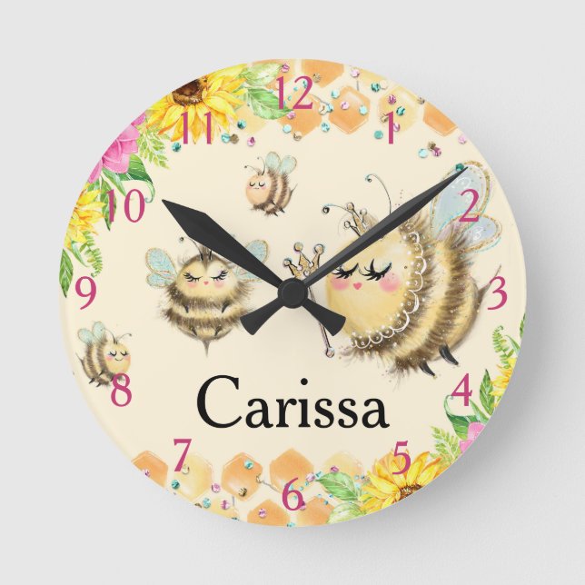 Reloj Redondo Mediano Cute Queen Bee & Honeybes Sunflowers Honeycomb (Anverso)