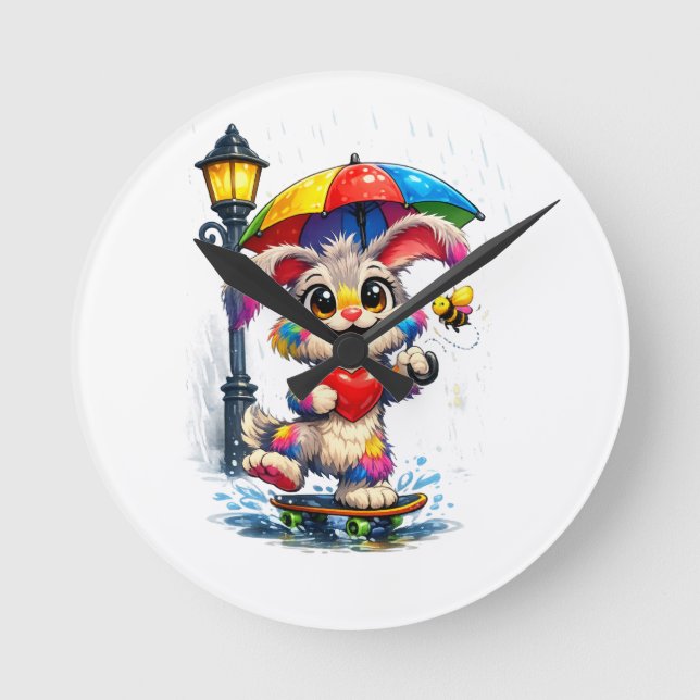 Reloj Redondo Mediano Cute Rainbow Bunny with Umbrella Design (Anverso)