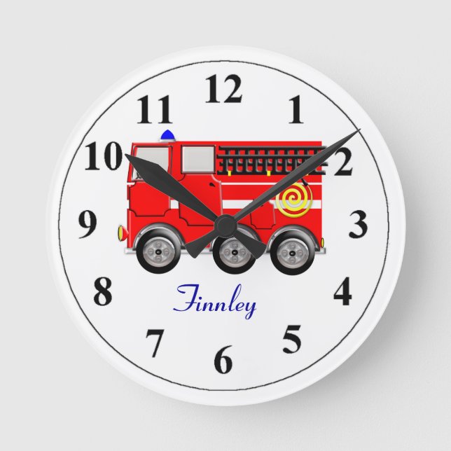 Reloj Redondo Mediano Cute Red Fire Engine Personalizado Boys Room Clock (Anverso)
