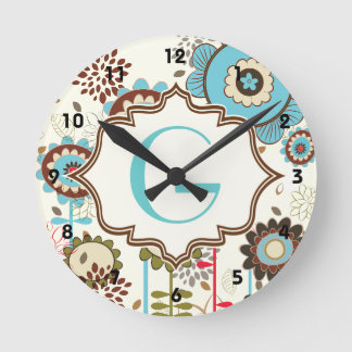 Reloj Redondo Mediano Cute retro turquoise blue floral pattern monogram