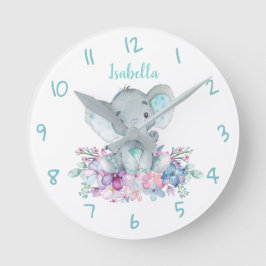Reloj Redondo Mediano Cute Safari Elephant Floral acuarela