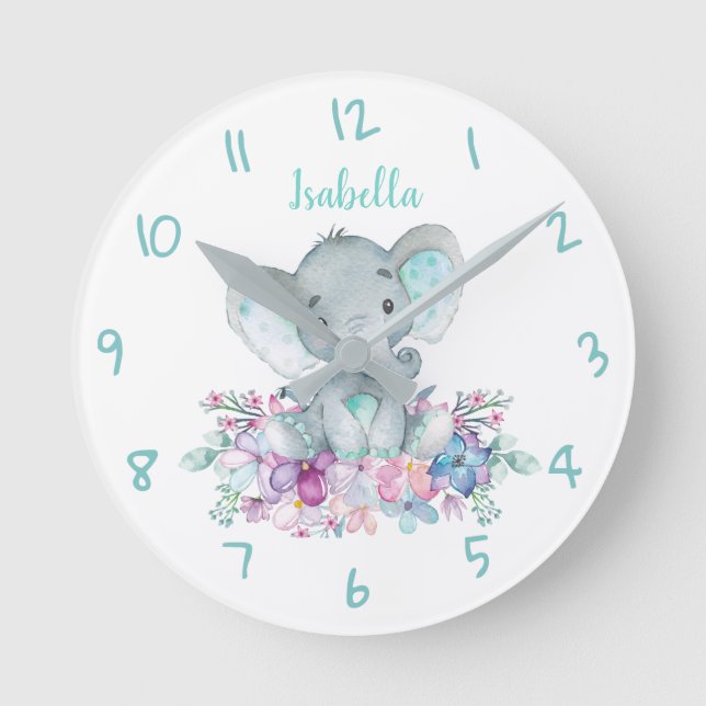Reloj Redondo Mediano Cute Safari Elephant Floral acuarela (Anverso)