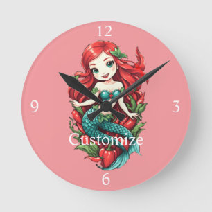 Reloj Redondo Mediano Cute Sirena de Dos Colas Pelirroja Thunder_Cove