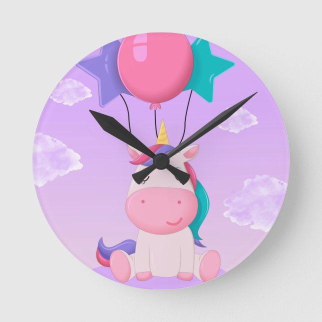 Reloj Redondo Mediano Cute Sitting Unicorn and Balloons Lilac (Anverso)