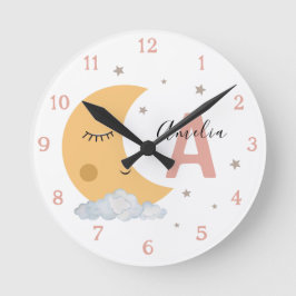 Reloj Redondo Mediano Cute Sleeping Moon Baby Nursery Clock Peach Pink