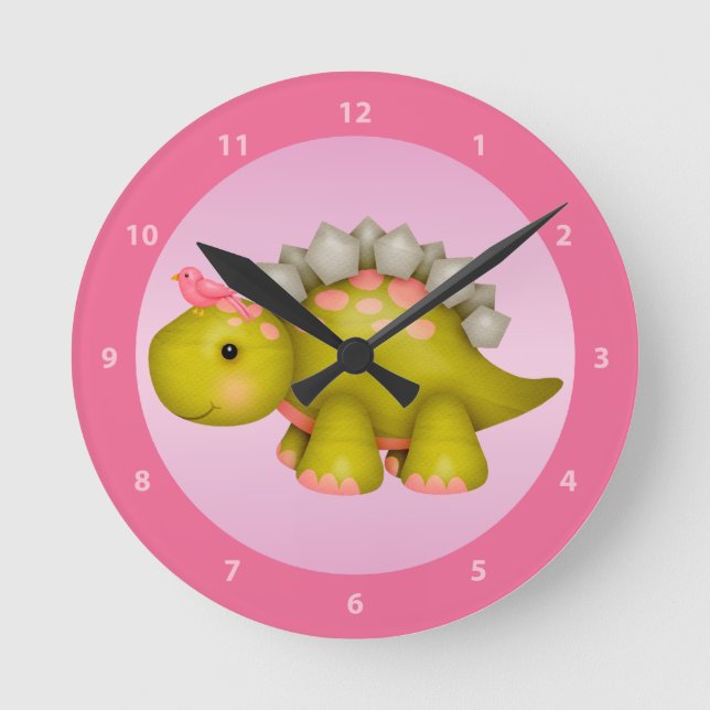 Reloj Redondo Mediano Cute Stegosaurus Dinosaur & Bird Pink Clock (Anverso)