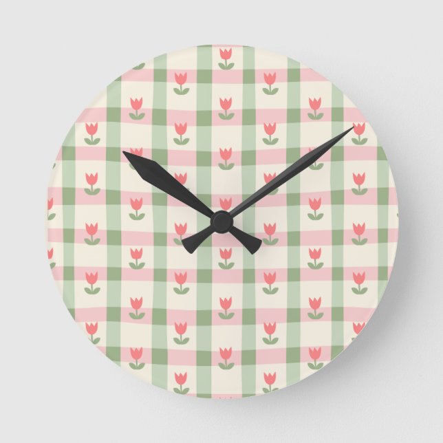 Reloj Redondo Mediano Cute Tulip Checkered Pattern | Pastel Floral  (Anverso)