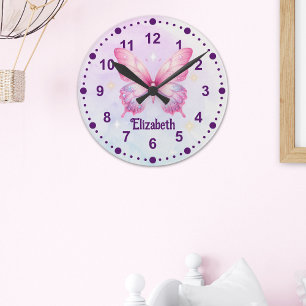 Reloj Redondo Mediano Cute Watercolor PInk Butterfly - Girl Decoration
