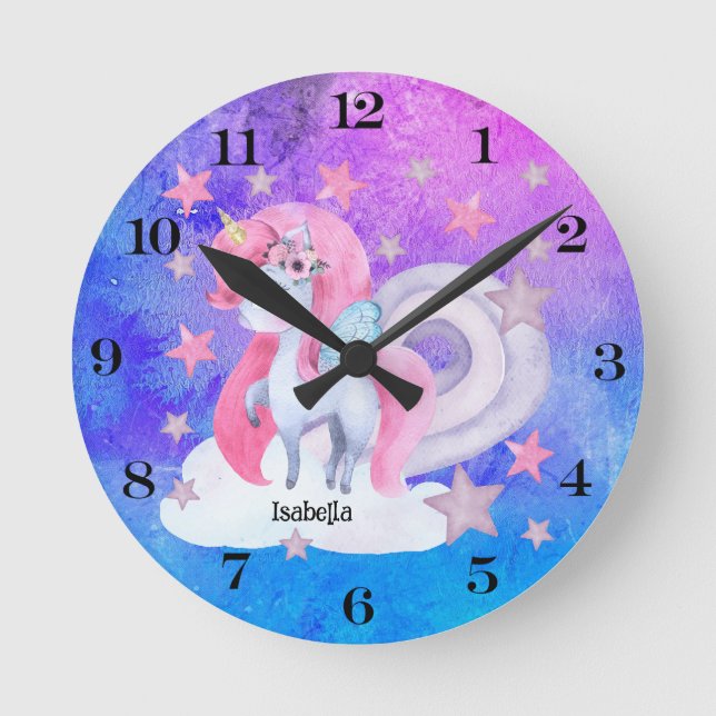 Reloj Redondo Mediano Cute Watercolour Rainbow Unicorn Personalizado (Anverso)