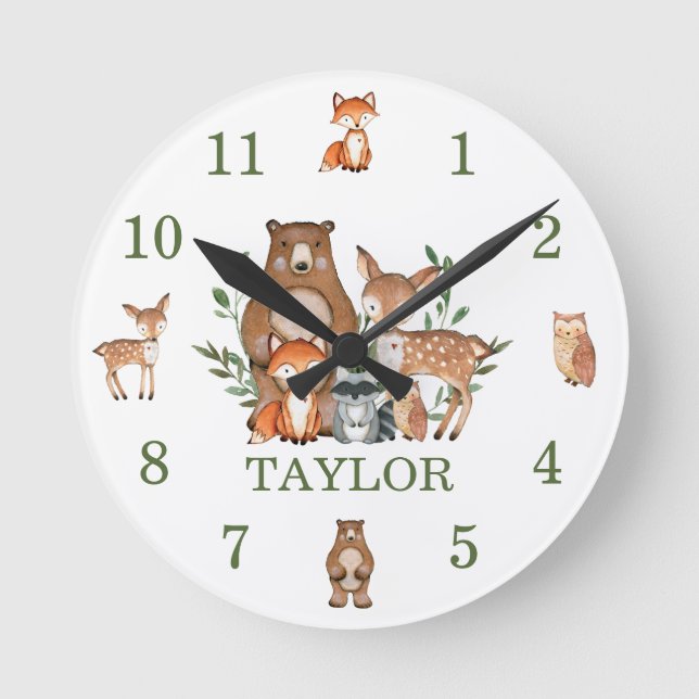 Reloj Redondo Mediano Cute Woodland Animals Bear Fox Owl Numeral (Anverso)