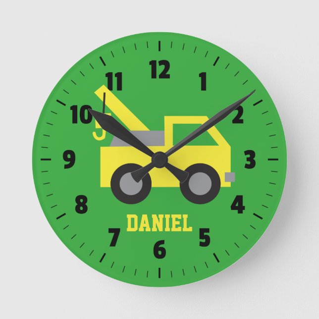 Reloj Redondo Mediano Cute Yellow Tow Truck Vehicle Boys Room Decor (Anverso)