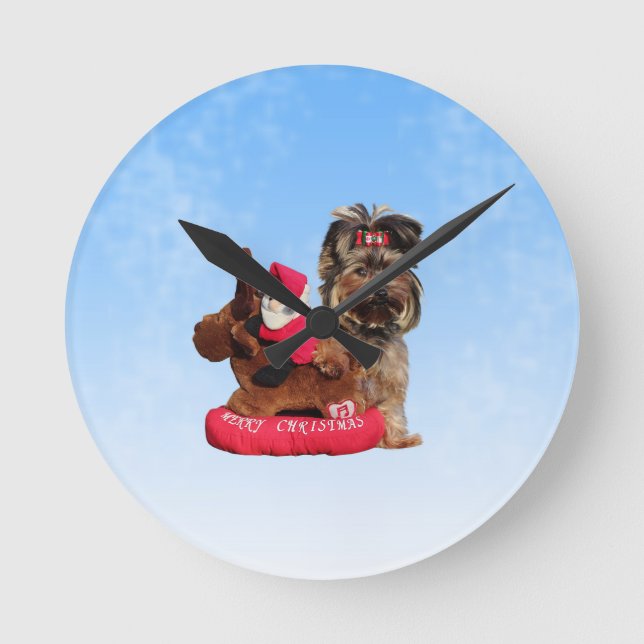 Reloj Redondo Mediano Cute Yorkshire Terrier Merry Christmas (Anverso)